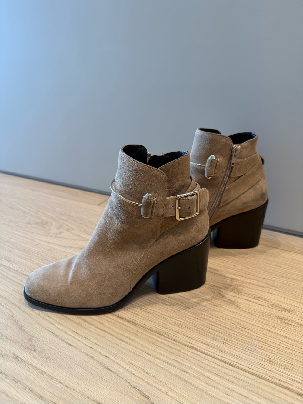 Balenciaga Taupe Suede Ankle Boots with Gold Buckle